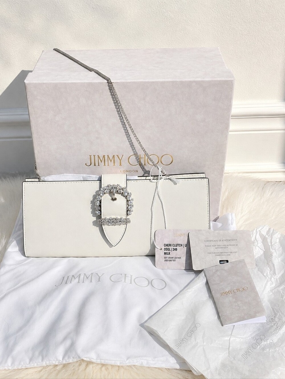 NWT Jimmy Choo - Crystal Buckle Chain Clutch W/ Dustbag, tags, box